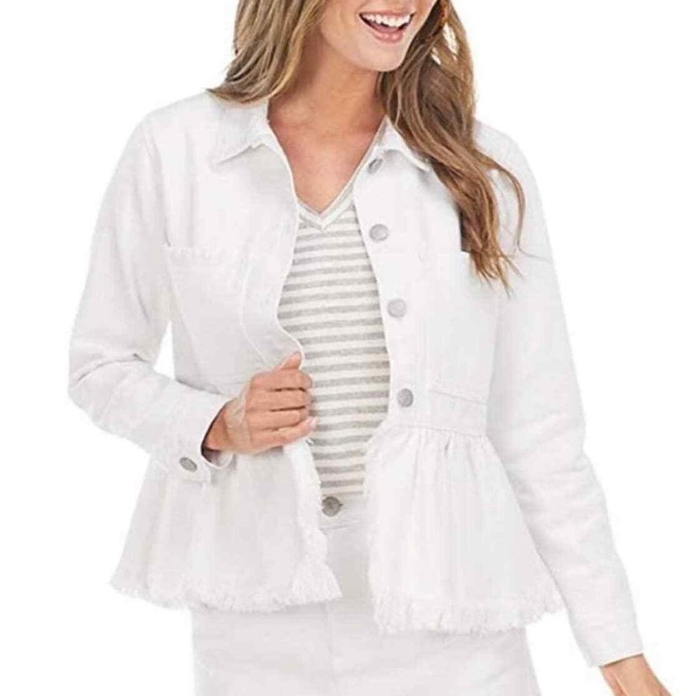 Mud Pie - The Banks Jacket in White, Denim Peplum - Size Large